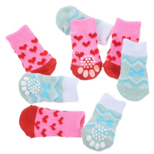 FONDOTIN 4Paare Haustiersocken Rutsch Pfotenschutz für Katzen Waschbare mit Herzen und Wassergrün Gestreift für Winter von FONDOTIN