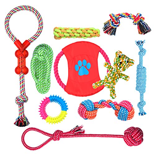 FONPOO Hundespielzeug, Welpenspielzeug aus natürlicher Baumwolle, interaktives Hundespielzeug zum Zähneputzen, Spielzeugset für kleine und mittlere Hunde 10 Stück (Red Frisbee, Satz von 10) von FONPOO