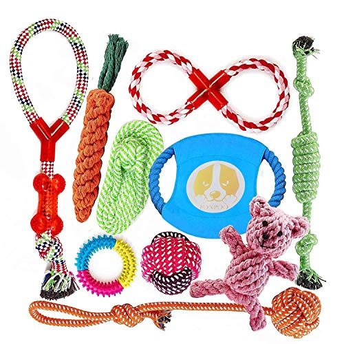 FONPOO Hundespielzeug, Welpenspielzeug aus natürlicher Baumwolle, interaktives Hundespielzeug zum Zähneputzen, Spielzeugset für kleine und mittlere Hunde 10 Stück (Blaue Frisbee, Satz von 10) von FONPOO