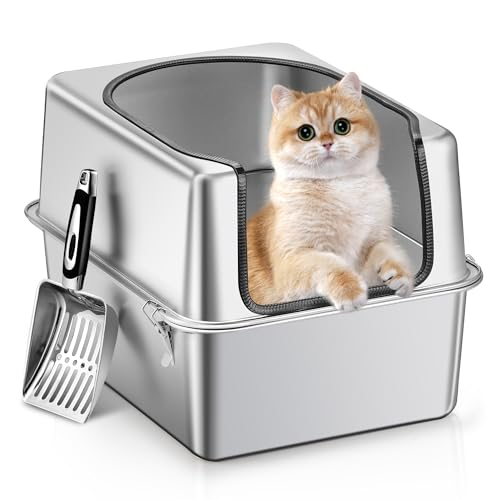 FOPUNB Katzentoilette aus Edelstahl für Kätzchen mit Schaufel – langlebige Ganzmetall-Katzentoilette, Geruchskontrolle, leicht zu reinigen, langlebig mit schwarzen Silikon-abgerundeten Kanten von FOPUNB