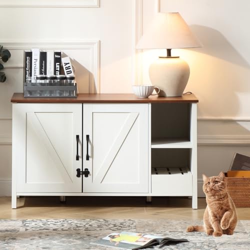 FOREST GRAVITY Katzenschrank Katzentoilette Groß Katzenklo Schrank Middle Cat Litter Box Furniture Modern 105 * 50 * 60 cm Katzenhaus mit Tür und Separater Trennwand Antikes Weiß von FOREST GRAVITY