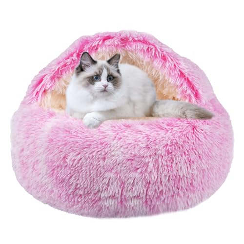 Beruhigendes Hundebett und Katzenhöhle mit Kapuzenbezug, abnehmbare, waschbare runde Betten für kleine und mittelgroße Haustiere, rutschfestes Kunstfell, flauschiges Bett, bequem, wärmendes von FORMYCATIE