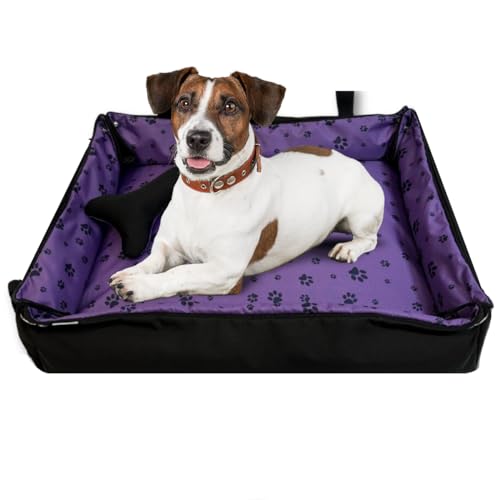 FORTISLINE Hundebett Oksana Gr. M - bequemes Hundebett mit abnehmbarem Bezug, waschbar, weich gepolstert, ideal für mittelgroße Hunde - trendiges Design (Pfoten Lila/Schwarz) von FORTISLINE