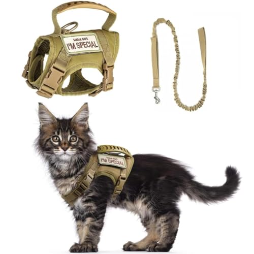 Taktisches Katzengeschirr und Leine, ausbruchsicher, verstellbar, für Spaziergänge, kleine Hunde, mit Patches, weiche Netzpolsterung und Gummigriff für einfache Kontrolle, Khaki Taktisches Katzengeschirr und Leine, ausbruchsicher, verstellbar, für Spaziergänge, kleine Hunde, mit Patches, weiche Netzpolsterung und Gummigriff für einfache Kontrolle, Khaki von FORZENA