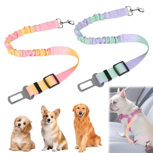 FOSDICK 2 Stück Anschnallgurt Hund Auto, Verstellbarer Hundegurt Auto, Elastisch Hunde Anschnallgurt auto, Anti-Biss Hundeanschnaller fürs auto, Autogurt Hunde mit Universalschnalle,Bunter Farbverlauf von FOSDICK
