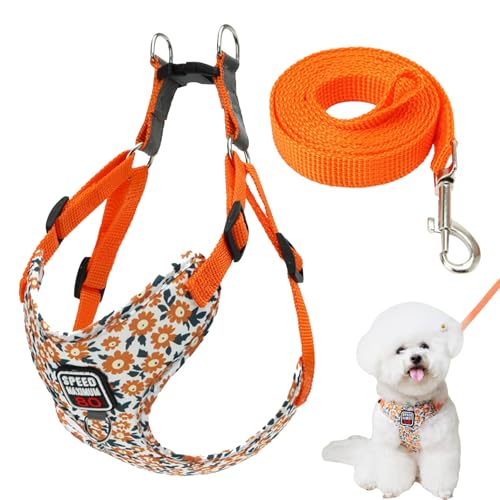 FOSDICK Hundegeschirr mit Leine Set, Verstellbare Welpengeschirr, No Pull Brustgeschirr Hund, Anti Zug Hundegeschirre, Weich Atmungsaktiv Geschirr Hund für Kleine Mittelgroße Hunde, Orange Blume, L von FOSDICK