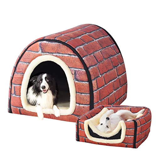 FOUIYIUTU Hundebett, 2 Verwendungsmöglichkeiten, Haustierhaus für den Innenbereich, mit flauschiger Matte, spritzwassergeschütztes Haus und rutschfeste Unterseite, für große Hunde (2XL Brick) von FOUIYIUTU