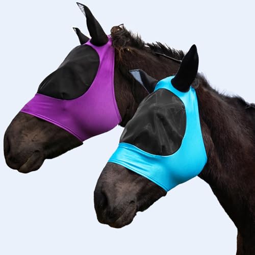 FOXLVDA Pferd Fliegenmaske mit Ohren 2er Set, Mode und Bequeme Passform Dehnbarer Stoff Großer Augenraum UV-Schutz Weich auf der Haut Atmungsaktiv für Mittel/Große Größe Pferde (Blau/Lila) von FOXLVDA
