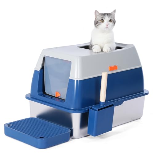 Geschlossene Edelstahl-Katzentoilette mit hohen Seiten, Jumbo-Katzentoilette mit Deckel, überzogenes Metall, extra große Katzentoilette für große Katzen, langlebig, auslaufsicher, geruchlos, Geschlossene Edelstahl-Katzentoilette mit hohen Seiten, Jumbo-Katzentoilette mit Deckel, überzogenes Metall, extra große Katzentoilette für große Katzen, langlebig, auslaufsicher, geruchlos, von FOXORU