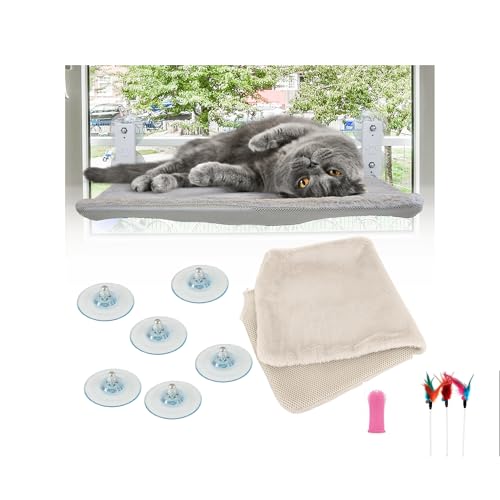 Hängematte für Katzen mit Fenster (Grau und Creme, HGV 53 x 30 cm) | Katzenbett mit Saugnapf | faltbare Katzenhängematte | eine zusätzliche Tasche und zwei weitere Saugnäpfe als Geschenk | von FR3