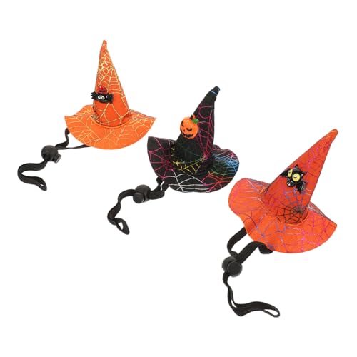 FRCOLOR 3 Stück Halloween Haustier Hexenhut Teilig mit Elastischem Band Niedliche Katzen und Hundemütze Dekorative Kopfbedeckung mit Kürbis Fledermaus und Spinnennetzdesign für Party und von FRCOLOR