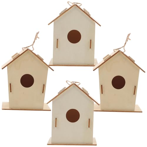 FRCOLOR 4 Stück Unfertige Holzvogelhäuser DIY Bausatz für Bemalen Miniatur Vogelhäuschen aus Holz Naturstil für Garten Kreative Handarbeit und von FRCOLOR