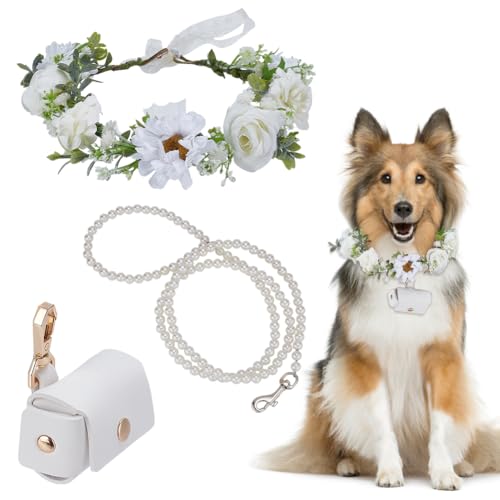 FREEBLOSS 3-teiliges Hundehalsband mit Perlen-Leine, für Hochzeiten, Blumenring, Aufbewahrungstasche für Hundehalsband, Hochzeitskleidung, Kranz, Schleife, Haustier-Foto-Requisite, Hundehalsband von FREEBLOSS