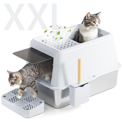 FRETONBA Katzentoilette aus Edelstahl mit Deckel, XXL Extra große Metalltoilette, Geschlossene Katzentoilette für große Katzen, Anti-Stick, kein Geruch, leicht zu reinigende Katzentoilette mit FRETONBA Katzentoilette aus Edelstahl mit Deckel, XXL Extra große Metalltoilette, Geschlossene Katzentoilette für große Katzen, Anti-Stick, kein Geruch, leicht zu reinigende Katzentoilette mit von FRETONBA