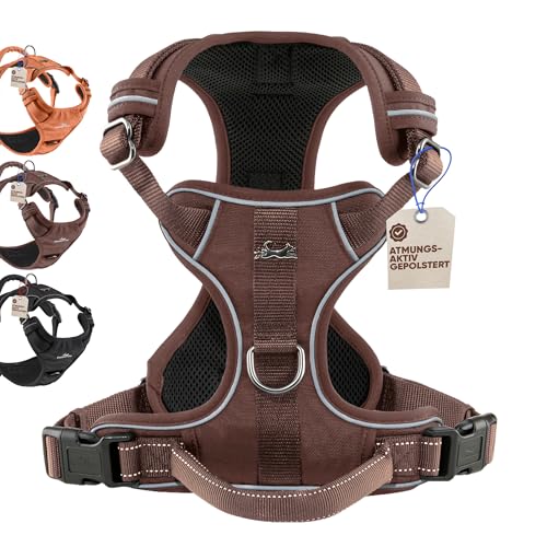 FREUDENTIER Hundegeschirr mit Griff, atmungsaktiv gepolstert - Bombenfester Sitz & maximale Sicherheit - Anti Zug Hundegeschirr kleine, mittelgroße & Grosse Hunde - Hunde Geschirr (Braun,L) von FREUDENTIER