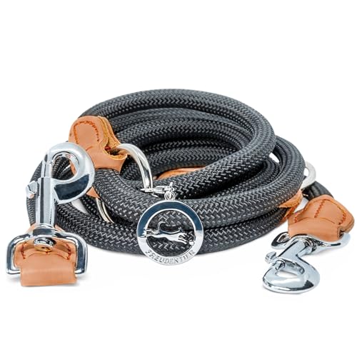 FREUDENTIER Hundeleine 2m - Führleine 3-Fach verstellbar - Robustes Nylon abgerundet mit stilvollen braunen Lederelementen - Leine Hund für mittelgroße & große Hunde (schwarz) von FREUDENTIER