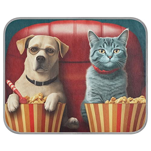 FRODOTGV Zwei Katzen und Hunde, die einen Film mit Popcorn ansehen, coole Bettmatten für Zwinger, Hunde, Haustiere, Sommer-Hundekäfig-Pad, waschbare Kühlmatte, Größe M von FRODOTGV