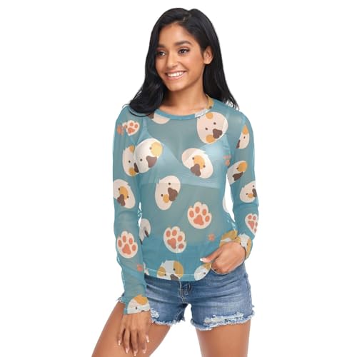 Süßes Hundepfoten-Damen-Shirt, durchsichtig, langärmelig, lässig, Netz-Top, Niedliche Hundepfoten, X-Large von FRODOTGV