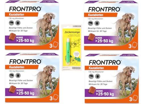 FRONTPRO Kautabletten für Hunde 25-50 kg 12-Monats-Set zum Schutz gegen Zecken und Flöhe mit Zeckenzange: Schützt bis zu 12 Monate von FRONTPRO