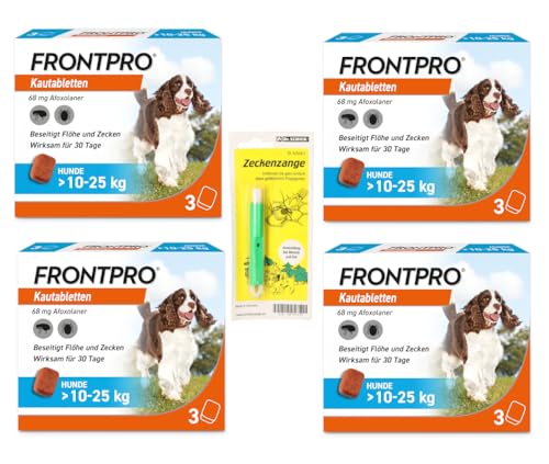 FRONTPRO Kautabletten für Hunde 10-25 kg 12-Monats-Set zum Schutz gegen Zecken und Flöhe mit Zeckenzange: Schützt bis zu 12 Monate von FRONTPRO