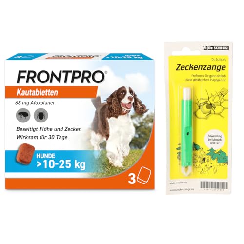 Homöopathiefuchs FRONTPRO Kautabletten für Hunde 10-25 kg 3-Monats-Packung zum Schutz gegen Zecken und Flöhe mit Zeckenzange: Schützt bis zu 3 Monate von FRONTPRO