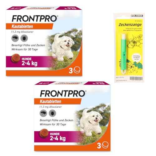 Homöopathiefuchs FRONTPRO Kautabletten für Hunde 2-4kg Doppelpack gegen Zecken und Flöhe mit Zeckenzange: Schutz für 30 Tage von FRONTPRO