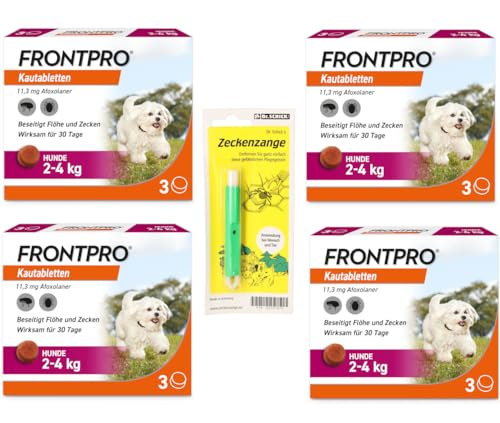 Homöopathiefuchs FRONTPRO Kautabletten für Hunde 2-4kg Viererpackung gegen Zecken und Flöhe mit Zeckenzange: Schutz für 30 Tage von FRONTPRO