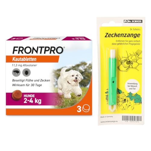 Homöopathiefuchs FRONTPRO Kautabletten für Hunde 2-4kg gegen Zecken und Flöhe mit Zeckenzange: Schutz für 30 Tage von FRONTPRO