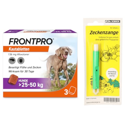 Homöopathiefuchs FRONTPRO Kautabletten für Hunde 25-50 kg 3-Monats-Packung zum Schutz gegen Zecken und Flöhe mit Zeckenzange: Schützt bis zu 3 Monate von FRONTPRO