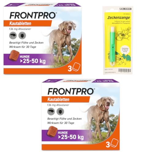 Homöopathiefuchs FRONTPRO Kautabletten für Hunde 25-50 kg 6-Monats-Set zum Schutz gegen Zecken und Flöhe mit Zeckenzange: Schützt bis zu 6 Monate von FRONTPRO