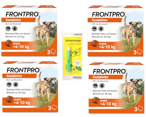 Homöopathiefuchs FRONTPRO Kautabletten für Hunde 4-10 kg 12-Monats-Set zum Schutz gegen Zecken und Flöhe mit Zeckenzange: Schützt bis zu 12 Monate von FRONTPRO