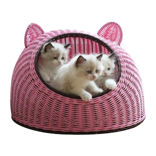 FSJMTQTS Haustierbett aus Korbgeflecht Sommer Katzennest Geschlossenes Haustierhaus Hund Sommer Cool Sommer(Rosa) von FSJMTQTS