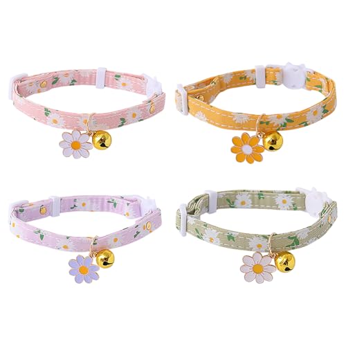 Hundehalsband mit Gänseblümchen, buntes Blumenmuster, verstellbar, niedlich, Katzenhalsband, Schnellverschluss, weiches leichtes Welpenhalsband mit Glocke und Sicherheitsschnalle, 4 Stück Hundehalsband mit Gänseblümchen, buntes Blumenmuster, verstellbar, niedlich, Katzenhalsband, Schnellverschluss, weiches leichtes Welpenhalsband mit Glocke und Sicherheitsschnalle, 4 Stück von FSSTUD