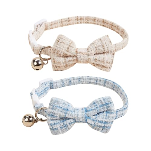 Katzenhalsband, kariert, mit Fliege, niedliches Katzenhalsband, elegantes Hundehalsband, verstellbar, mit Glocke und Schnalle, für Festivals und Alltag, Blau und Khaki, 2 Stück von FSSTUD