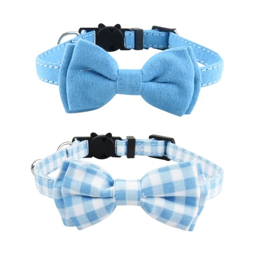 Katzenhalsband, kariert, verstellbar, Kätzchen-Fliege, einfarbig, niedlich, für kleine Hunde, Sicherheitshalsbänder mit Glöckchen, für Geburtstag, Blau, 2 Stück Katzenhalsband, kariert, verstellbar, Kätzchen-Fliege, einfarbig, niedlich, für kleine Hunde, Sicherheitshalsbänder mit Glöckchen, für Geburtstag, Blau, 2 Stück von FSSTUD