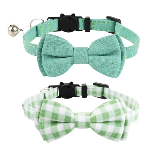 Katzenhalsband, kariert, verstellbar, Kätzchen-Fliege, einfarbig, niedlich, für kleine Hunde, Sicherheitshalsbänder mit Glöckchen, für Geburtstag, Grün, 2 Stück Katzenhalsband, kariert, verstellbar, Kätzchen-Fliege, einfarbig, niedlich, für kleine Hunde, Sicherheitshalsbänder mit Glöckchen, für Geburtstag, Grün, 2 Stück von FSSTUD