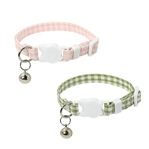 Katzenhalsband, verstellbar, kariert, kariert, Gingham-Muster, kleines Hundehalsband, niedlich, Sicherheitshalsband, dekoratives weibliches Welpenhalsband mit Glöckchen, für Geburtstag, Weihnachten von FSSTUD