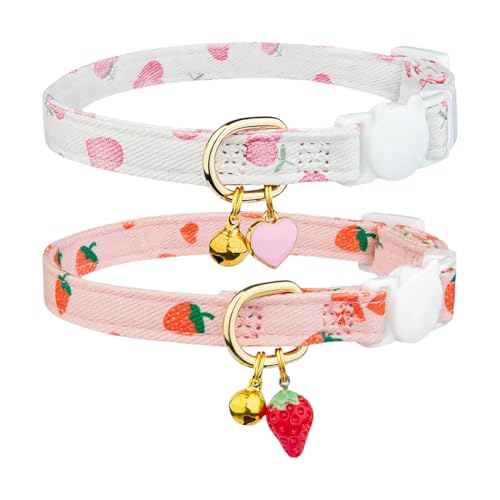 Katzenhalsband aus Baumwolle, verstellbar, Erdbeere, Kätzchen, Herz, Welpen, niedliches kleines Hundehalsband, Sicherheitsschnalle, Schnellverschluss, Haustierhalsband mit Glöckchen, 2 Stück Katzenhalsband aus Baumwolle, verstellbar, Erdbeere, Kätzchen, Herz, Welpen, niedliches kleines Hundehalsband, Sicherheitsschnalle, Schnellverschluss, Haustierhalsband mit Glöckchen, 2 Stück von FSSTUD