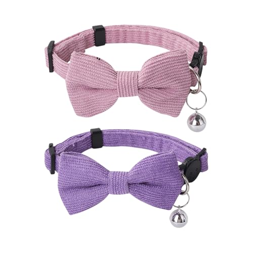 Katzenhalsband aus weichem Cord, mit abnehmbarer Fliege, klein, verstellbar, einfarbig, Welpenhalsband mit Glöckchen für den täglichen Urlaub, Rosa, Lila, 2 Stück Katzenhalsband aus weichem Cord, mit abnehmbarer Fliege, klein, verstellbar, einfarbig, Welpenhalsband mit Glöckchen für den täglichen Urlaub, Rosa, Lila, 2 Stück von FSSTUD