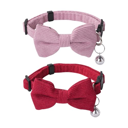 Katzenhalsband aus weichem Cord, mit abnehmbarer Fliege, klein, verstellbar, einfarbig, Welpenhalsband mit Glöckchen für den täglichen Urlaub, Rot, Rosa, 2 Stück Katzenhalsband aus weichem Cord, mit abnehmbarer Fliege, klein, verstellbar, einfarbig, Welpenhalsband mit Glöckchen für den täglichen Urlaub, Rot, Rosa, 2 Stück von FSSTUD