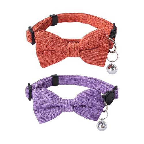 Katzenhalsband aus weichem Cord, mit abnehmbarer Fliege, klein, verstellbar, einfarbig, Welpenhalsband mit Glöckchen für den täglichen Urlaub, Violett, Orange, 2 Stück Katzenhalsband aus weichem Cord, mit abnehmbarer Fliege, klein, verstellbar, einfarbig, Welpenhalsband mit Glöckchen für den täglichen Urlaub, Violett, Orange, 2 Stück von FSSTUD