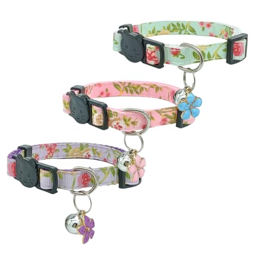 Katzenhalsband mit Blumenmotiv, verstellbar, mit Schnellverschluss, Schnalle, klein, niedlich, mit Glöckchen, 3 Stück Katzenhalsband mit Blumenmotiv, verstellbar, mit Schnellverschluss, Schnalle, klein, niedlich, mit Glöckchen, 3 Stück von FSSTUD