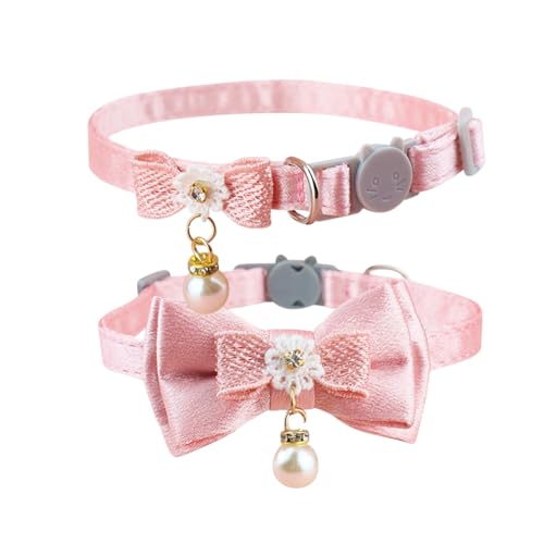 Katzenhalsband mit Perlenschleife und rosa Blumen, Strass, niedliches Breakaway-Kätzchen-Halsband, verstellbar, für Welpen, Fliege, Halsbänder für Geburtstag, 2 Stück Katzenhalsband mit Perlenschleife und rosa Blumen, Strass, niedliches Breakaway-Kätzchen-Halsband, verstellbar, für Welpen, Fliege, Halsbänder für Geburtstag, 2 Stück von FSSTUD