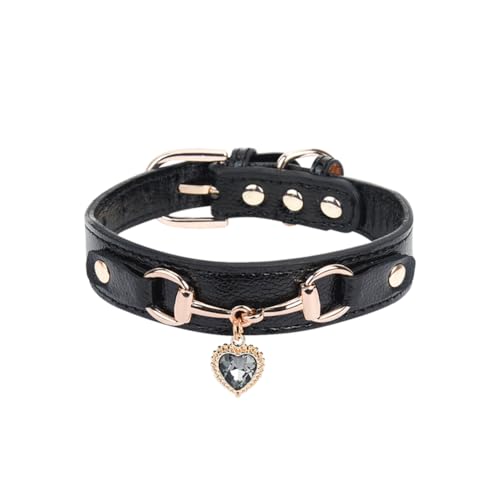Modisches Hundehalsband aus PU-Leder, Strass-Herz-Charm, Haustier-Halsband, glitzernd, Diamant, Welpenhalsband, verstellbare Katzen-Halskette, Halsband mit goldener Metallschnalle, Schwarz, XS von FSSTUD