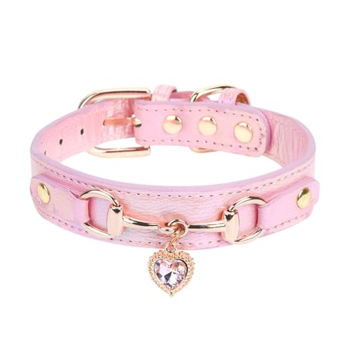 Modisches Hundehalsband aus PU-Leder, Strass-Herz-Charm, Haustierhalsband, glitzernd, Diamant, Welpenhalsband, verstellbare Katzen-Halskette, Halsband mit goldener Metallschnalle, Rosa, Größe M von FSSTUD
