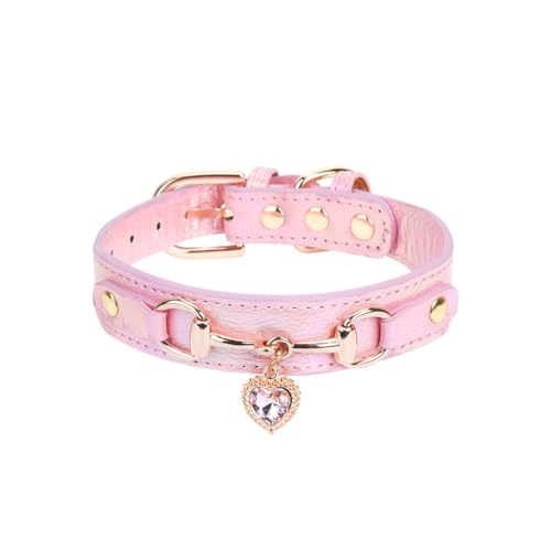 Modisches PU-Leder-Hundehalsband, Strass-Herz, Charm, Haustier-Halsband, glitzernd, Diamant, Welpenhalsband, verstellbare Katzen-Halskette, Halsband mit goldener Metallschnalle, Rosa, XS von FSSTUD