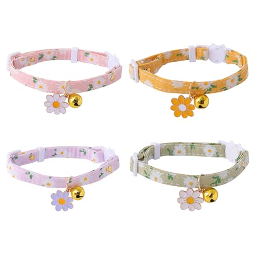 Verstellbare Katzenhalsbänder mit Blumenmuster, Sicherheitshalsbänder, Blumenanhänger, Katzenhalsband, niedliches Haustierpflegezubehör mit Glocke für Party, Gelb, Grün, Lila, Rosa, 4 Stück von FSSTUD