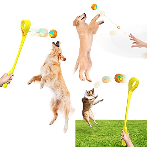 FTRONGRT Hundespielzeug, Einziehbarer Ringseilball, Ballwerfer, Multifunktions-Wurfstock, Interaktives Haustierspielzeug,Molarenkugel.Gelb von FTRONGRT
