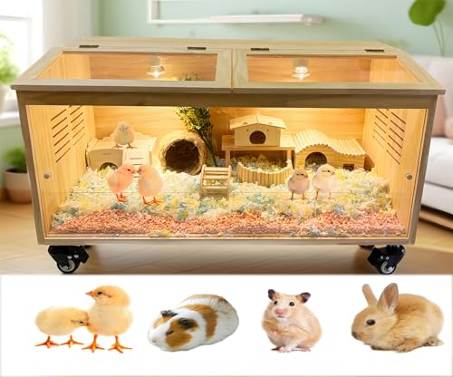 Chick Brood Box Kükenaufzuchtbox aus natürlichem Kiefernholz, Ausgestattet mit einem beheizten Lampenhalter und Mit sonde Thermostat,mit 4-Bremsrollen für Küken, Hamste, kausicheres(100x52x53 cm) von FTYSXP