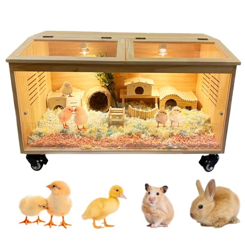 Hühnerbrutkasten aus natürlichem Kiefernholz für Küken mit Thermostat & Heizlampe & Bremsrollen – 1,5 cm dicke massive Platten für Küken/Entchen/Hamster/kaufest (80 x 42 x 43 cm) von FTYSXP
